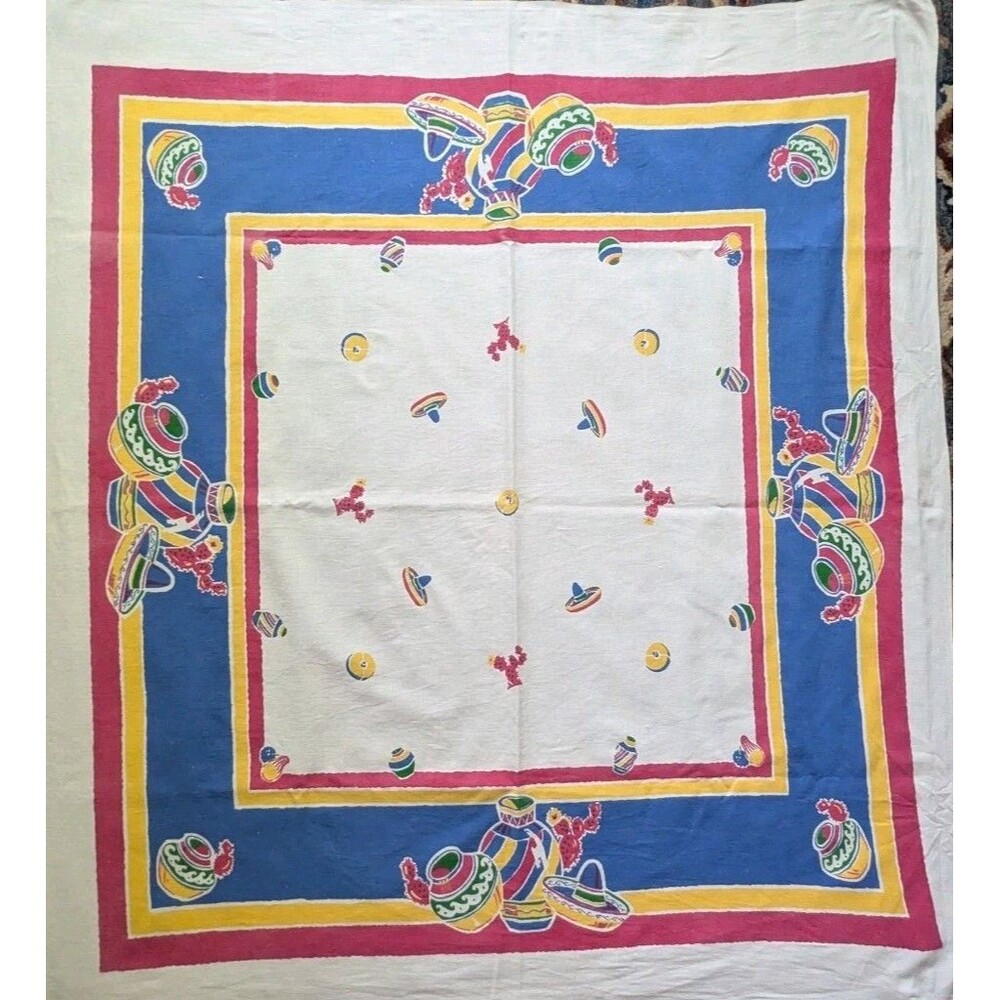 Vtg Startex Southwest Mexico Printed Tablecloth Sombrero Cactus Pottery 50x46"